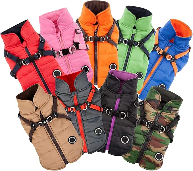 Puppia Mountaineer Winter Dog Coat with Integrated Harness No Pull Cold Weather Waterproof Warm Fleece Back Zipper for Small & Medium Dog, Grey, Large