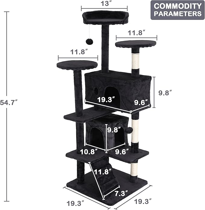 54" Multi-Level Cat Tree Tower with Scratching Posts, Toys & Condo - Space-Saving Design for Indoor Kittens, Compact Floor Footprint & Vertical Space for Multi-Cat Homes-Dark Grey