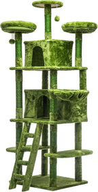 70.87" Cat Tree for Indoor Cats, Multi-Level Cat Tower with 2 Private Condos, 3 Perches & Hanging Hammock, Natural Sisal Scratching Posts, Stable for Multi-Cat Families, Kittens to Seniors (Green)