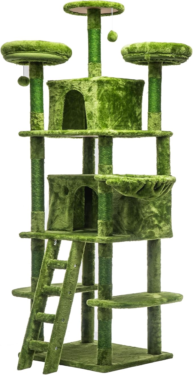 70.87" Cat Tree for Indoor Cats, Multi-Level Cat Tower with 2 Private Condos, 3 Perches & Hanging Hammock, Natural Sisal Scratching Posts, Stable for Multi-Cat Families, Kittens to Seniors (Green)