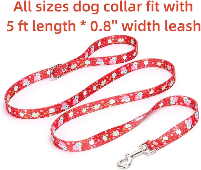 Dog Collar with Leash Airtag Holder Case Set - Dog Collars for Male Female Boy Girl Puppy X-Small Small Medium Large Dogs Walking Running Training - Red Daisy/S