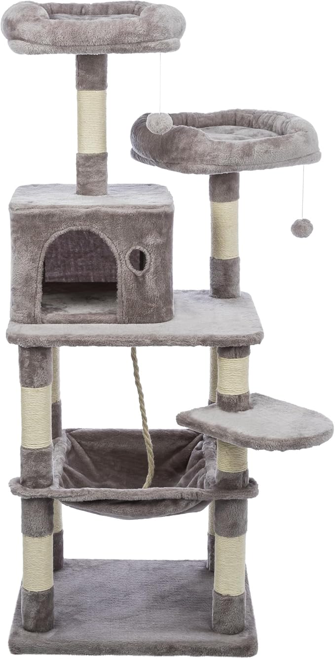 Trixie Eduardo Cat Tree – Cat Tower with Jute & Plush Posts, Condo, Hammock & Toys – Durable Cat Furniture for Indoor Cats – Gray, 21.7" x 17.7" x 57.1"