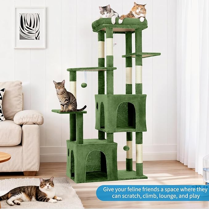 61" Large Cat Tree Tower for Indoor Cats, Heavy-Duty Multi-Level Cat Condo for Maine Coon & Big Cats with Extra-Large Perch, 2 Spacious Houses, Sisal Scratching Posts & Hanging Toys - Green