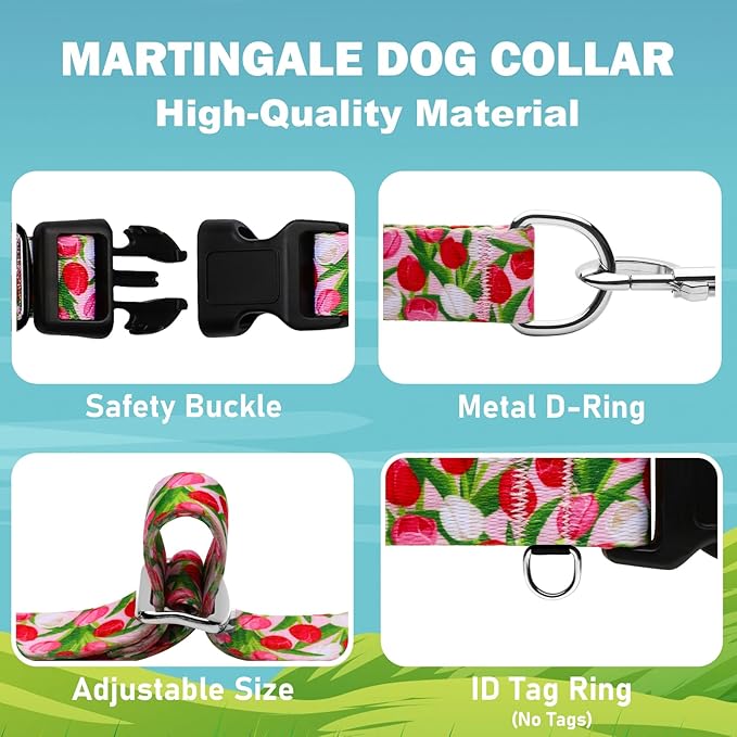 Martingale Collar for Dogs with Buckle Floral No Pull Adjustable Nylon Limited Slip Training Dog Collars (Pink Tulip, Small)