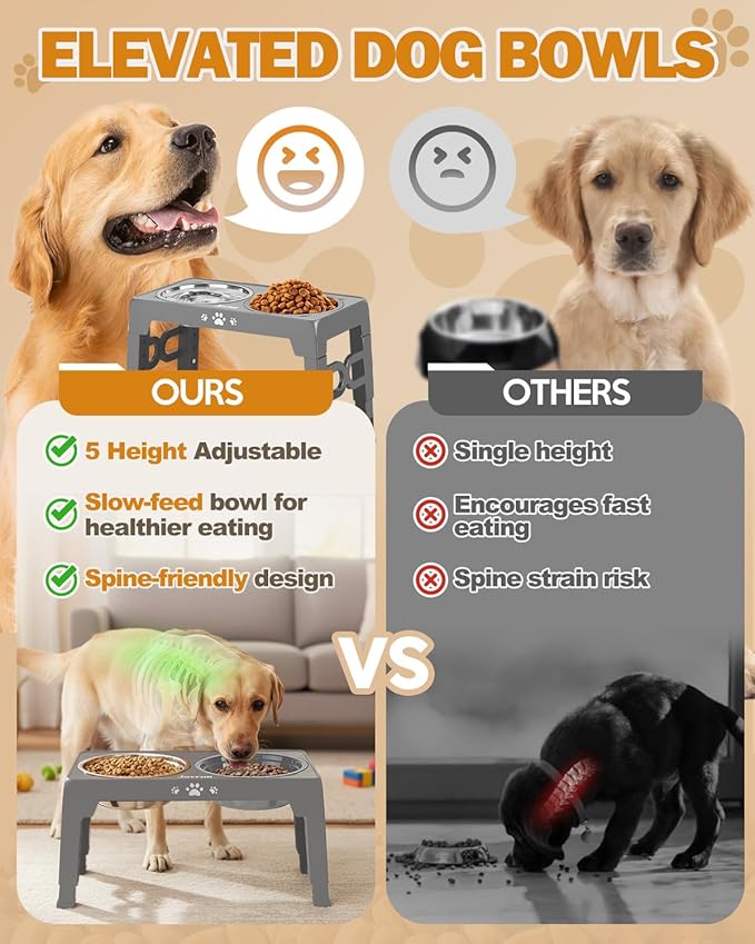 Elevated Dog Bowls for Medium Size Dogs, Non-Slip Dog Feeder with 1*Stainless Steel Dishes & 1*Slow Feeder Bowl, 5 Heights Adjustable Raised Bowls to 3.15″-8.66″-9.84″-11.02″-12.2″