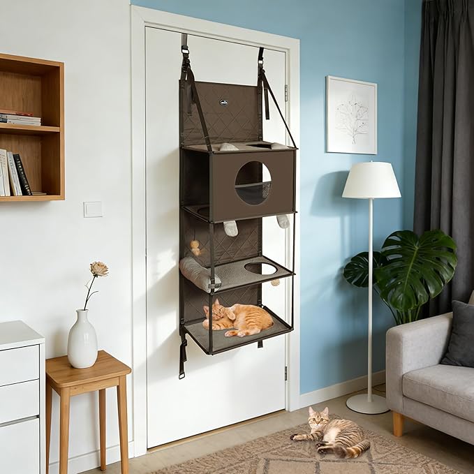 Hanging Cat Tree for Door, 4-Tier Door Mounted Cat Climber with Cat House & Platforms, Over The Door Cat Tower with Removable Pillow, Roller Blind Curtain & Ball Toys, Indoor Cat Hammock Bed