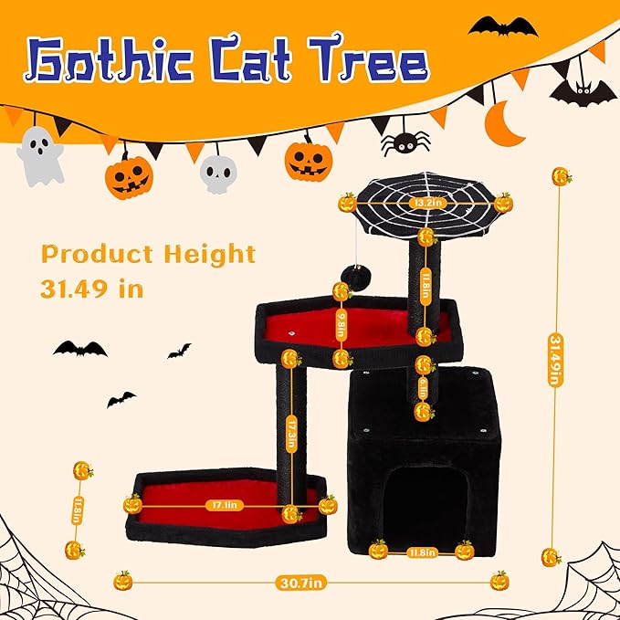 Black Cat Tree, 31 Inches Gothic Cat Tower, Cat Houses for Indoor Cats with Coffin Bed, Spacious Cat Condo, Scratching Posts for Kittens and Cats