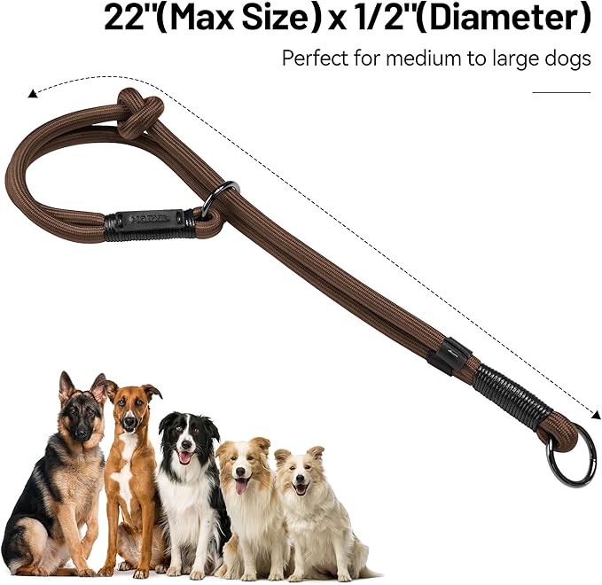 Slip Dog Collar, Nylon Rope Dog Choker Collars with Adjustable Stopper, Heavy Duty Collar for Medium Dog Training (Brown)