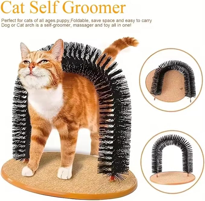 Cat Scratcher, Heavy Duty Cardboard, All Breed Sizes, Scratching and Exercise Cat Self-Groomer Bristle Ring Brush Arch with Carpeted Base Hair Cleaner Pads (Black,One Size)