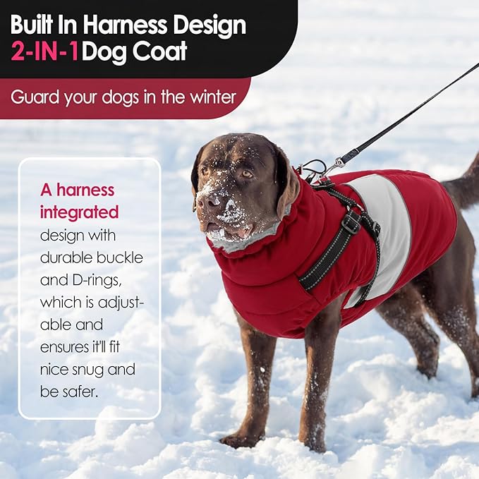 AOFITEE Dog Coat, Dog Christmas Sweater, Dogs Winter Coat with Harness Built in, Reflective Waterproof Pet Jacket with Furry Collar, Pet Snow Suit for Large Dogs, Doberman, Great Dane, XXXL