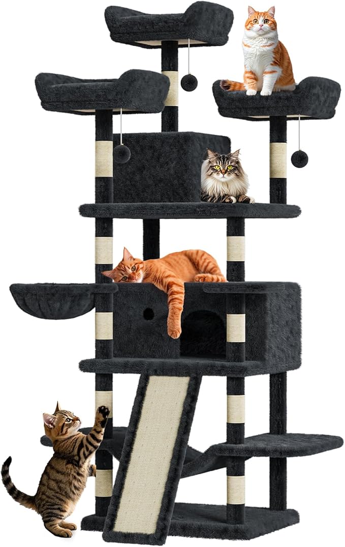 68.5 in Multi-Level Cat Tree for Indoor Cats Large Adult Heavy Duty Cat Tower for Large Cats with 2 Condos/Plush Perches/Sisal Scratching Posts/Hammocks/Basket/Dangling Balls, #2601 Dark-Grey