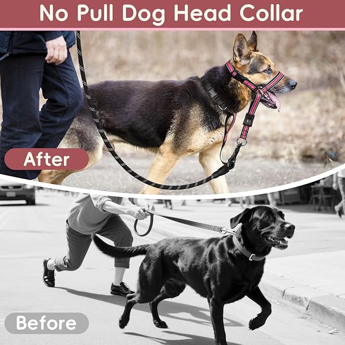BARKLESS Soft Nylon Dog Head Collar for Large Medium Dog, Reflective Padding Head Halter for Training, Adjustable Muzzle Leash No Pulling, Jumping, Nose Leash Ideal for Walking (Pink, M)