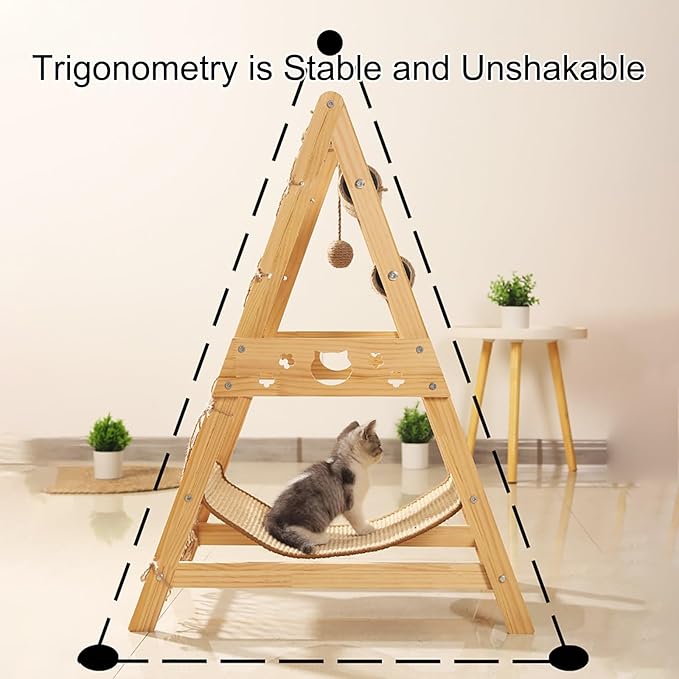 Wooden Cat Tree, Cat Tree House, Triangle Design with Cat Hammock & Sisal Scratch Post & Feather Toys, Solid Wood Cat Tower (Size : Upgraded Model)