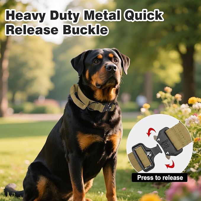 Joytale Tactical Dog Collar for Medium Dogs with Control Handle, Heavy Duty Military Training Collar for Power Breeds, AirTag Holder Case, Quick Release Metal Buckle, Soft Padded, M, Khaki