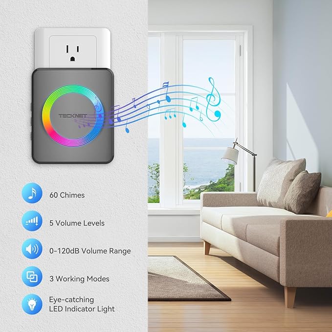 TECKNET Wireless Doorbell with 2 Buttons & 1 Receiver, IP65 Waterproof Doorbells for home, 1300ft Operating Range, 60 Melodies & 5 Volume Levels of 0-120 dB, RGB Light for Hearing Impaired