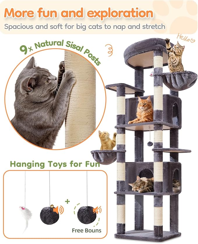 Taoqimiao 73 Inch Cat Tree XXL, Cat Tower for Indoor Cats, Large Cat Tree for Big Cats, Enlarged Platform, 2 Spacious Cat Condos, 9 Scratching Posts, 2 Cozy Baskets, F30G Smoky Gray