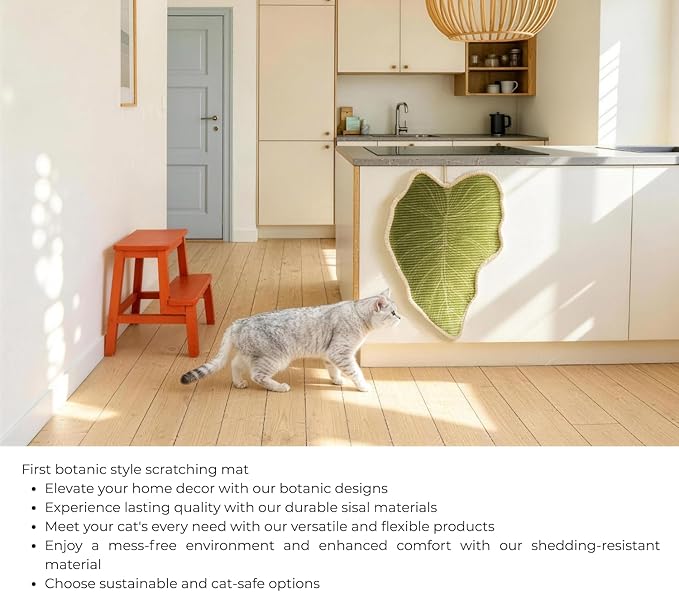 Botanical Leaf Cat Scratching Mat – Leaf-Shaped Natural Sisal Pad for Wall & Floor, Hanging Cat Scratcher with Catnip Pompom, Unique Indoor Jungle Decor & Furniture Protector (21.7 x 13 x 0.2 inches)