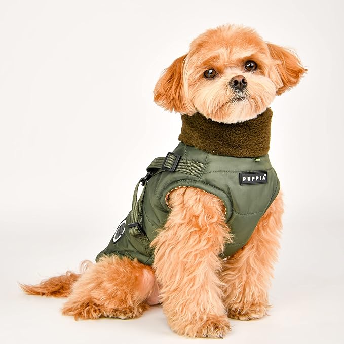 Puppia Donavan Winter Dog Coat with Integrated Harness No Pull Cold Weather Waterproof Warm Fleece Back Zipper for Small & Medium Dog, Khaki, X-Large