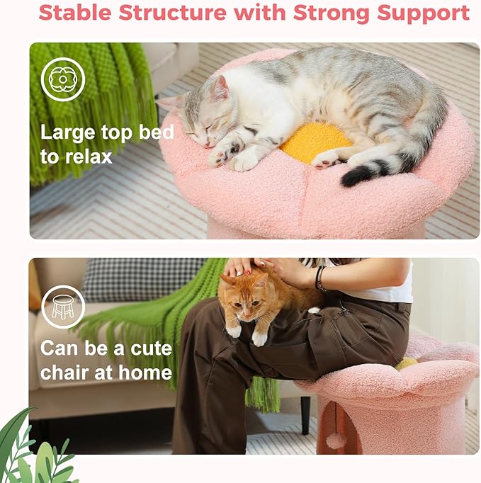 PETEPELA Cactus Cat Tree for Indoor Cats, 32'' Small Cat Tower+Cat Beds for Indoor Cats with Removable Flower Cat Bed