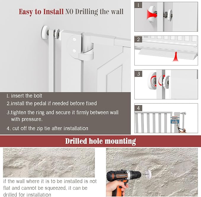 Glaf Extra Tall Pet Gate 63" Pressure Mounted Cat Door Safety Metal Cat Gate Adjustable Width Dog Door Auto-Close Dog Gates for Doorways, Stairs, Kitchen, Hallway (White, 29.92-33.46")