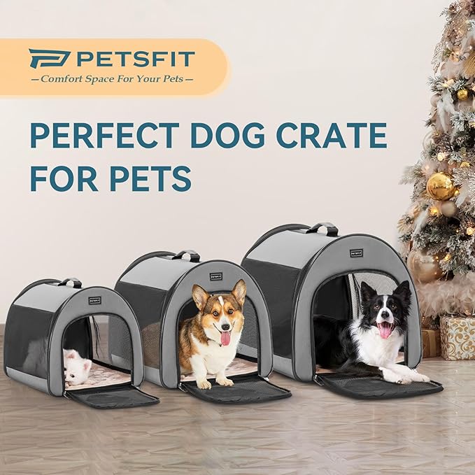 PETSFIT Soft Dog Crate, Travel Dog Crate - 19 Inch Lightweight, Roomy, Easy to Set Up, Sturdy Portable Dog Kennel with Thick Mat Grey