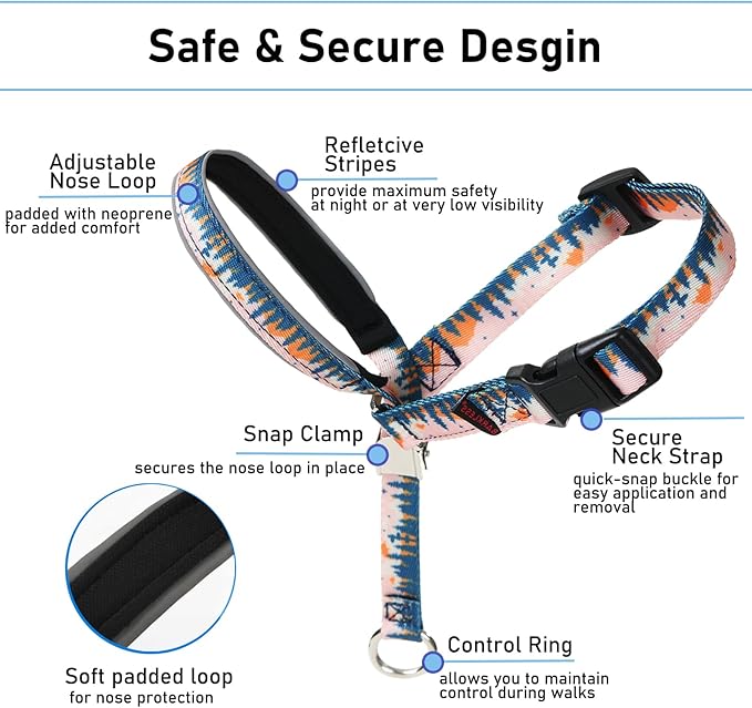 BARKLESS Dog Head Collar, Anti-Pulling Printed Head Halter with Leash, Gentle Snout Harness with Adjustable Clip for Small Medium, and Large Dogs Leash Training