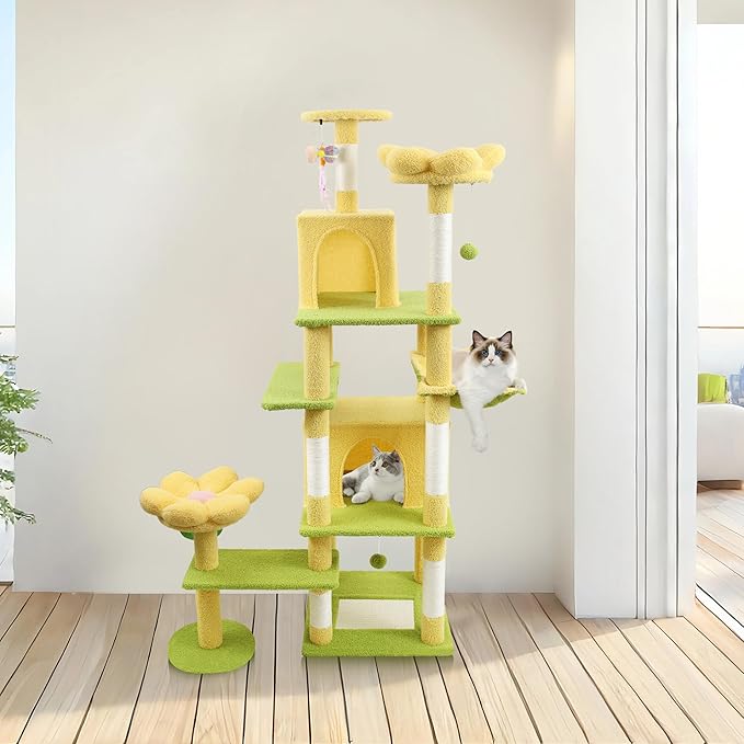 Adorable Flower Cat Tree Tower – Multi-Level Cat House with Cozy Condo, Scrat Ching Posts, Hammock & Play Perch for Indoor Cats, Large Top Perch, Hammock, Tall Pet Climbing Stand (Yellow 71”)