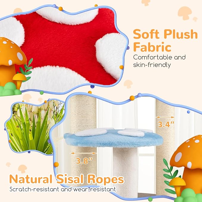 Tangkula Mushroom Cat Tree, 48 Inch Cute Cat Tower with Sisal Scratching Posts, Top Condo, Padded Platforms, Dangling Ball, Multi-Level Modern Cat Furniture, Activity Center for Indoor Cats