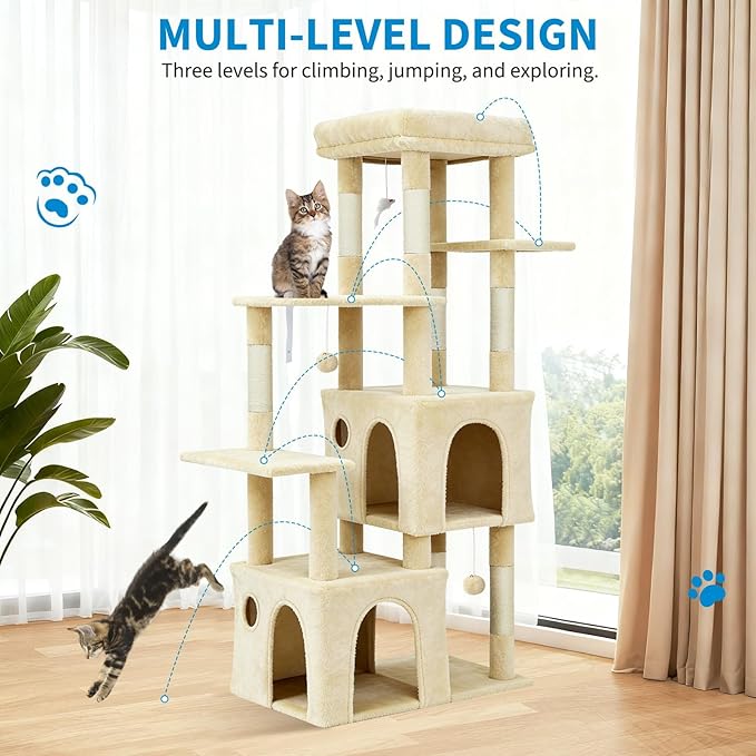 61" Heavy-Duty Multi-Level Cat Tree Tower for Large Cats & Maine Coons – Extra-Large Perch, 2 Spacious Condos, Durable Sisal Scratching Posts, Play Toys