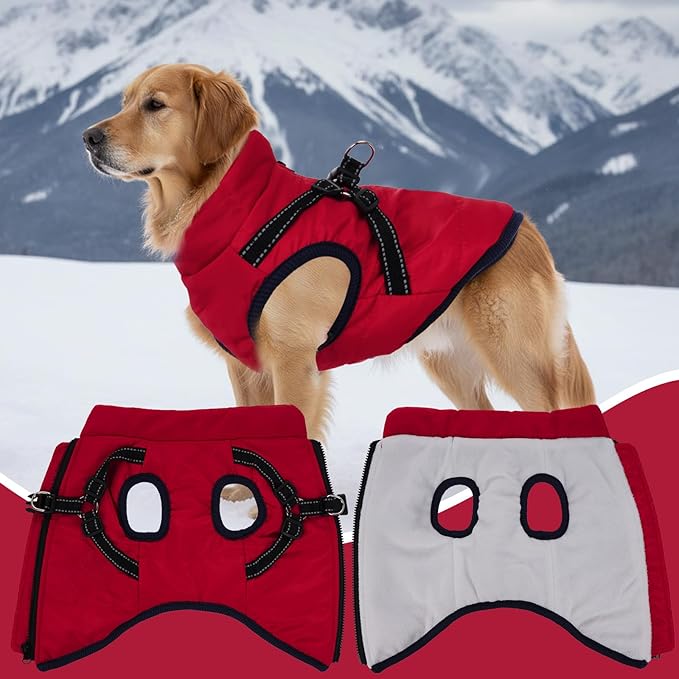 Dog Winter Coat with Harness Winter Jacket for Small Dogs Reflective Cold Weather Coats Warm Pet Vest Waterproof Snowsuit (Red, Medium)