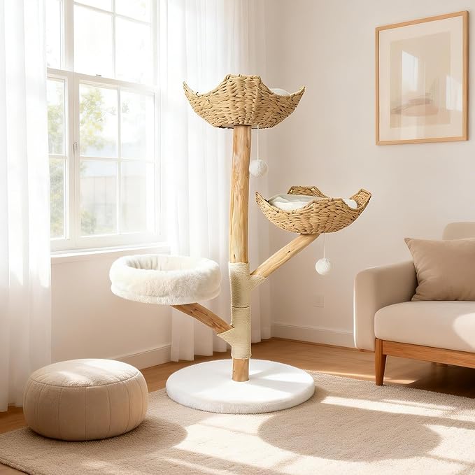 Wood Modern Cat Tree Tower for Large Cats, 47" Tall Cat Climbing Tower with Scratching Post, Luxury Cat Tree for Indoor Cats Large Adult, White