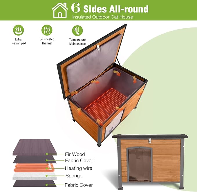 GUTINNEEN Large Heated Dog House Outdoor Dog House Insulated Weatherproof Dog Kennel with Safe Heating Pad, Thermal Liner, Chew-Proof Metal Frame for Medium to Large Dog Breeds, 33.5" L×22" D×25.2" H