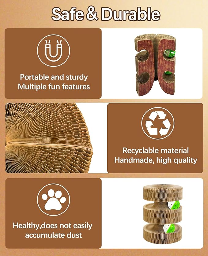 Kitty Kurlz Cat Toys, Magic Organ Cat Scratcher Board with 2 Bell Balls,Twisty Paws Cat Toy Foldable＆Changeable, Interactive Kitty Curls for Indoor Cats Physical & Mental Exercise-Coffee Brown