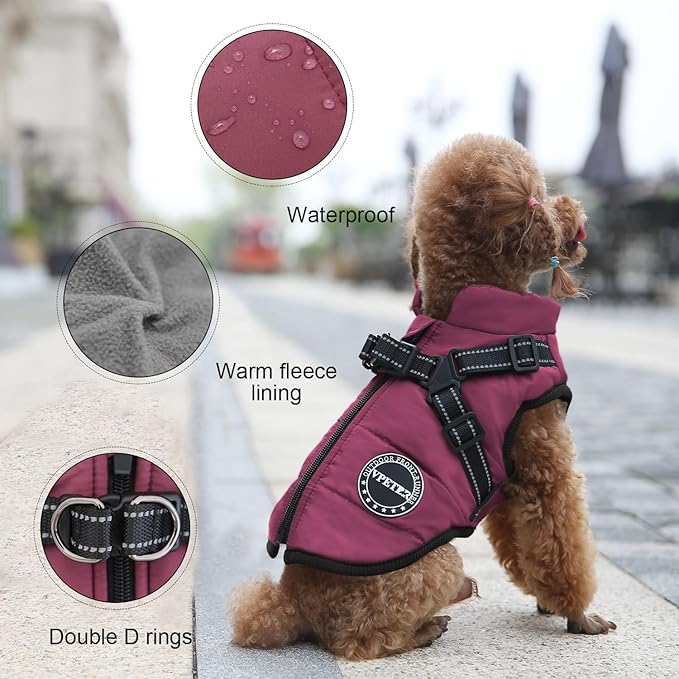 Dog Winter Coat,Warm Jacket Paded Fleece Pet Vest with Built in Harness,Windproof Reflective Cozy Adjustable Snow Pet Coat Clothes with Zipper for Small Medium Large Dogs