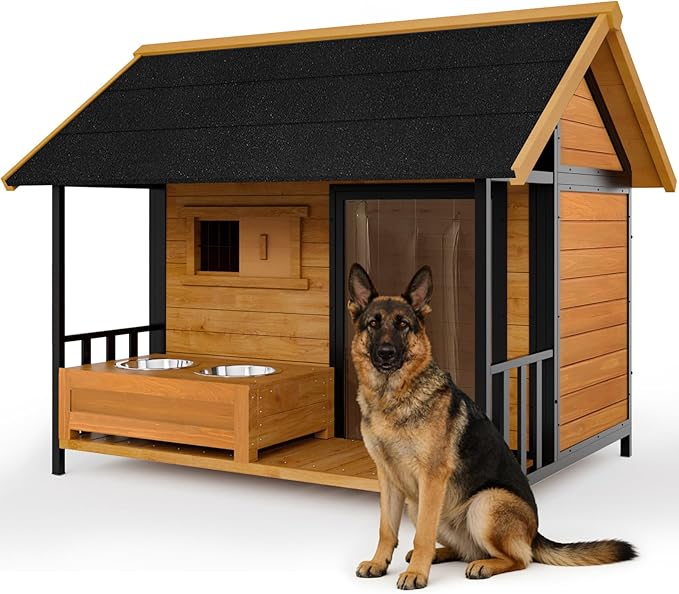 Dog House with Dog Bowls Stand, Large Outdoor Dog House Kennel, Easy to Install, Design with Weatherproof Roof and All-Around Iron Frame for Outside Small Medium Large Breed Dogs(Brown)