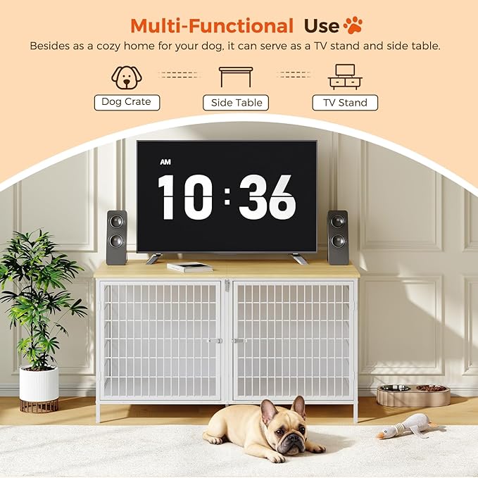 Dog Crate Furniture for 2 Dogs, 43.3" Dog Kennel with Removable Divider, Heavy Sturdy Dog Furniture Style Double Cage for Small Medium Dogs, Indoor Pet House End Table, Natural and White