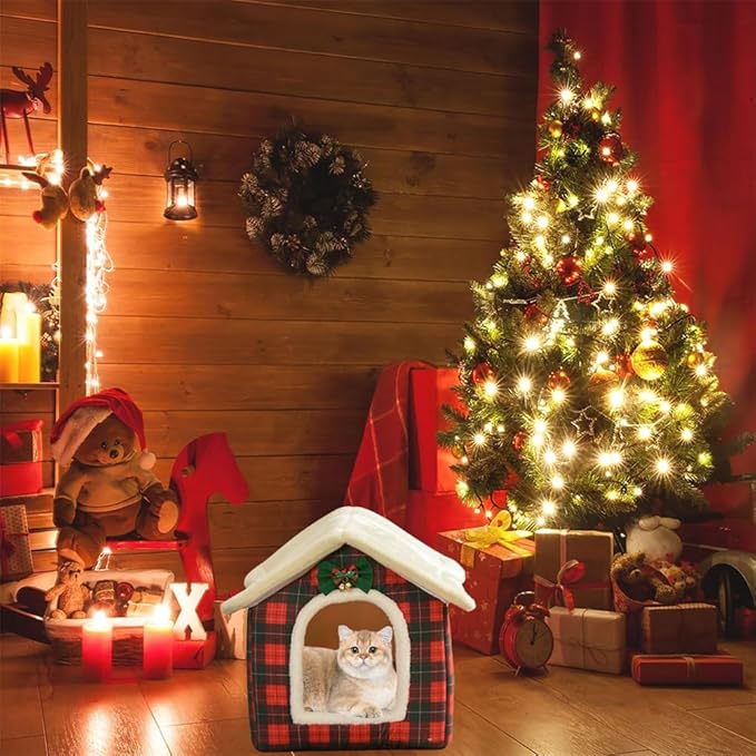 Christmas Cat Bed for Indoor Cats Plaid Xmas Cat Tent Cats Bed Cave for Pets Kittens and Dogs (Christmas Plaid, S(15.7 X 12.6 X 13.8 Inch))