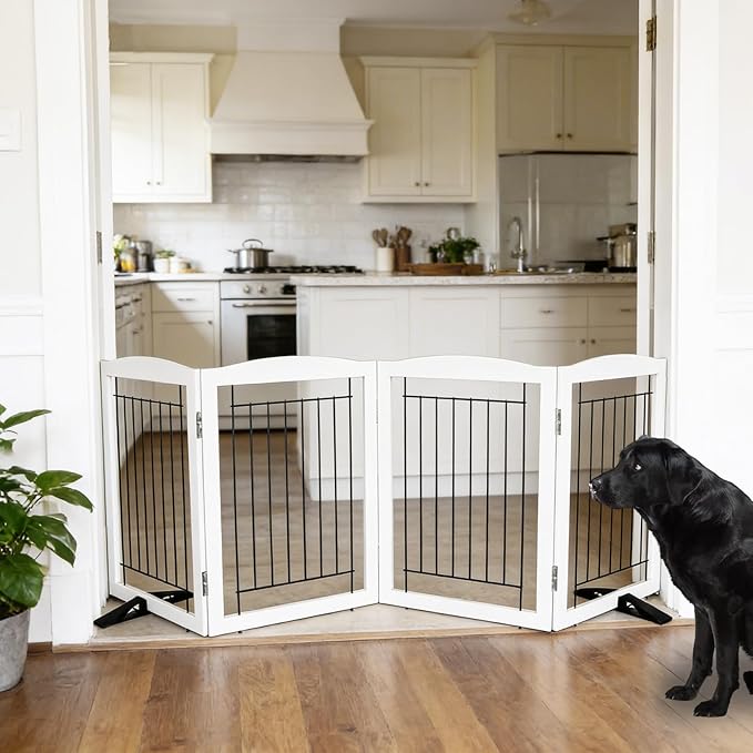 Dog Fence Indoor,Dog Gate Indoor for Doorway pet gate -4-Panel Freestanding, Hallways, House or Stairs -80x24-Inch Retractable Foldable Expandable Wood Pet by SFJC (White)
