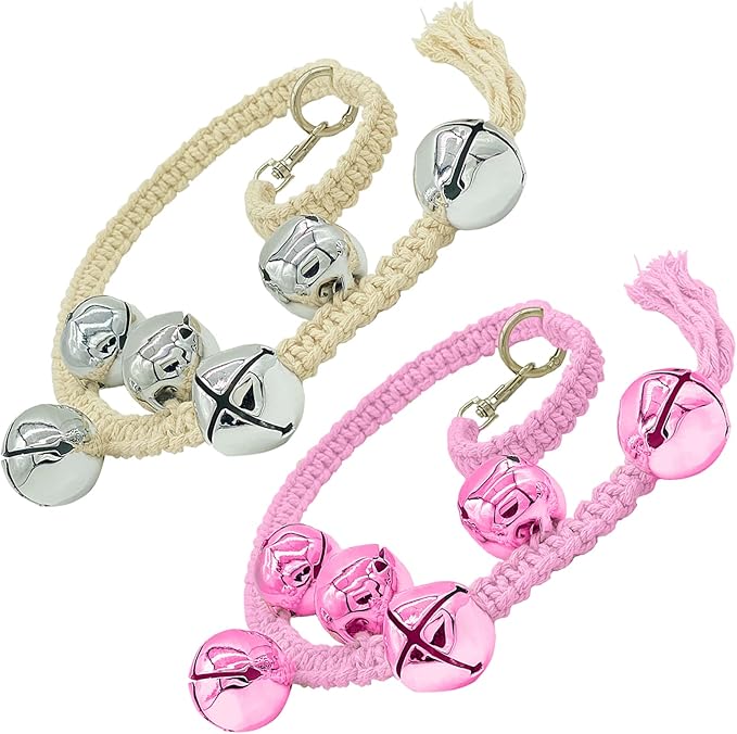 Dog Hanging Doorbells| Extra Loud Dog Potty Training Bells| Adjustable Durable Braided Rope Door Bell for Dogs to Ring to Go Outside(Silver+Pink)