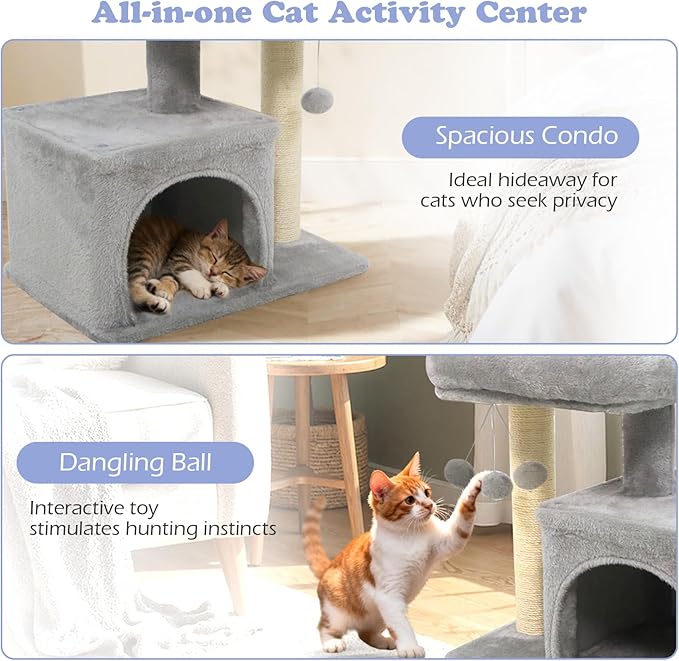 Tangkula Small Cat Tree for Indoor Cats, Cat Tower with Sisal Scratching Posts, Hanging Pompom, Cat Condo with Large Padded Plush Perch for Small Spaces, Kittens (Light Grey)