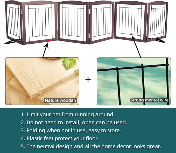 Dog Fence Indoor,Dog Gate Indoor for Doorway pet gate -6-Panel Freestanding, Hallways, House or Stairs -120x24-Inch Retractable Foldable Expandable Wood Pet by SFJC (Brown) ﻿