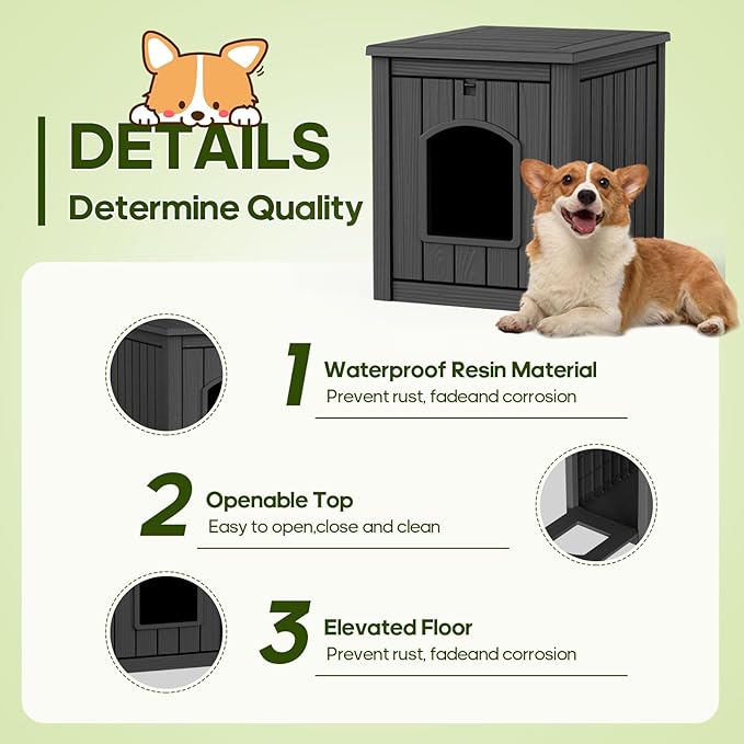 DRATO Outdoor Indoor Dog House,Resin Material Ventilate Waterproof Added to The Bottom,Multi-Functional Pet House for Small to Medium Dog(Black, Medium)