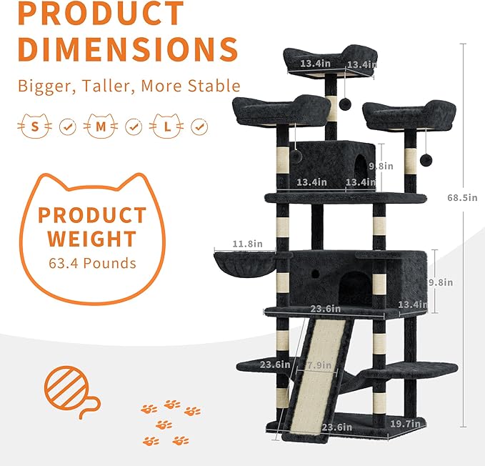 68.5 in Multi-Level Cat Tree for Indoor Cats Large Adult Heavy Duty Cat Tower for Large Cats with 2 Condos/Plush Perches/Sisal Scratching Posts/Hammocks/Basket/Dangling Balls, #2601 Dark-Grey