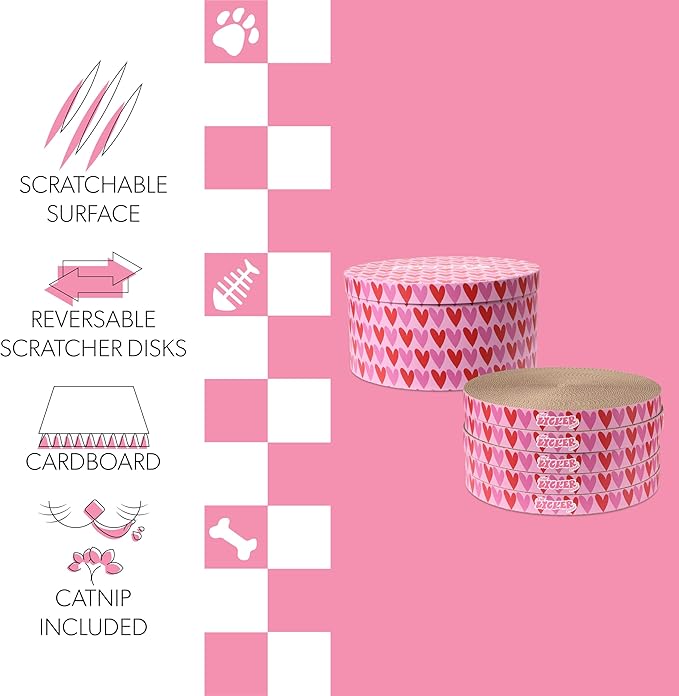 CSR1012E Kate 12 Inch Cardboard Cat Scratcher Pads with Box & Catnip, Reversible Heavy-Duty Scratch Boards for Cats, Furniture Protection, Modern Heart Pattern, Pink/Red, 5-Pack