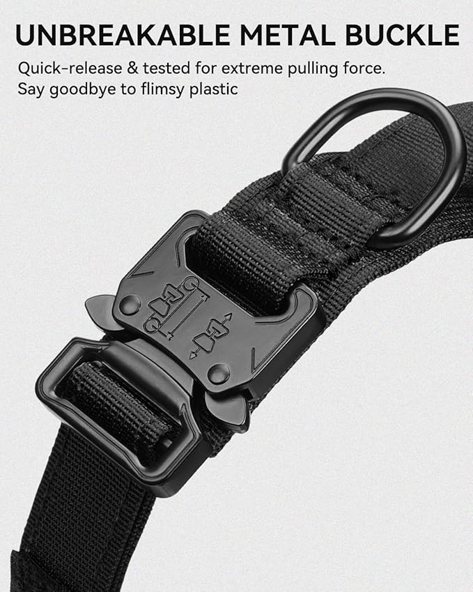 Joytale Tactical Dog Collar with Handle and Metal Buckle, Heavy Duty Padded Military Collar with 2 Patches for Training, Adjustable for Medium Dogs, Black, M