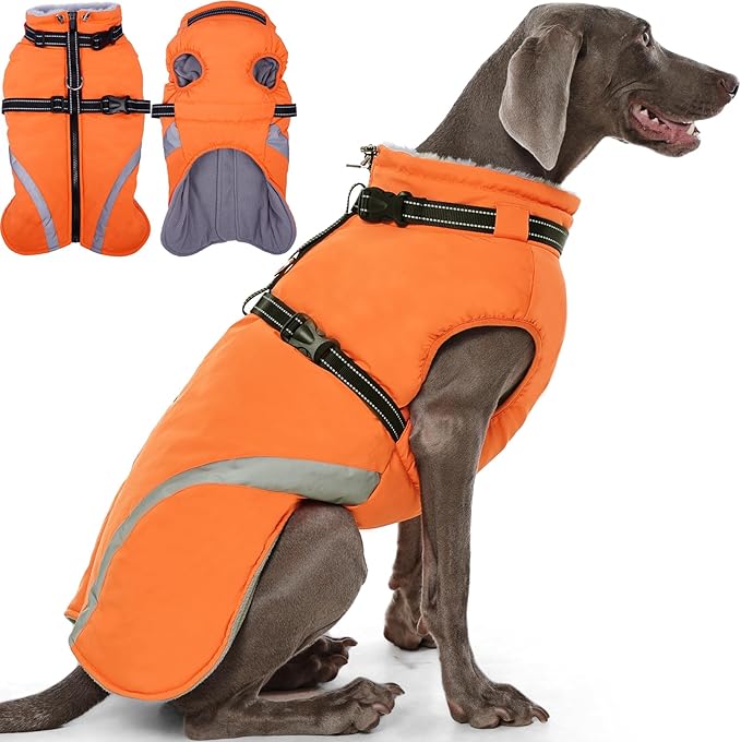 QBLEEV Warm Dog Coat for Medium Dogs, Waterproof Dog Winter Jacket with Built-in Harness & Reflective, Snowproof Warm Coat with Zip Closure, Windproof Neck Drawcord Snow Jackets, Orange, L