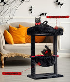SYANDLVY Gothic Cat Tree with Coffin Bed for Indoor Cats, Activity Cat Tower with Scratching Post for Kittens, Cat Condo Furniture with Basket & Spider Hanging Ball for Play Rest