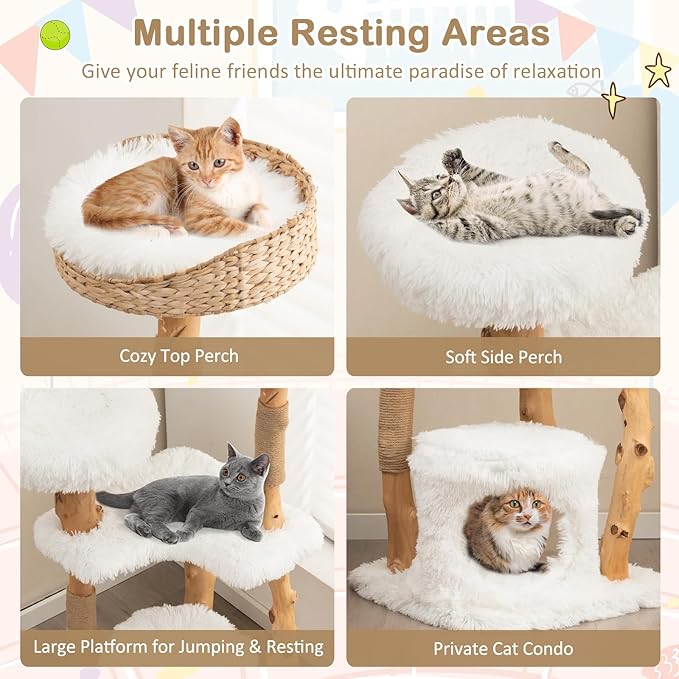 PETSITE 49-inch Cat Tree for Indoor Cats, Cute Solid Wood Modern Multi-Level Cat Tower with Scratching Posts, Top Cattail Basket Cat Bed, Side Perch, Large Platform, and Condo (White)