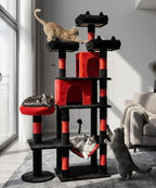 Heavy Duty Cat Tree for Indoor Cat, 71 Inch Large Cat Tower with Scratching Post and Top Perch, Hammock, Big Cat Condo for Adult Cats Kittens, PMT03RD, Black Red