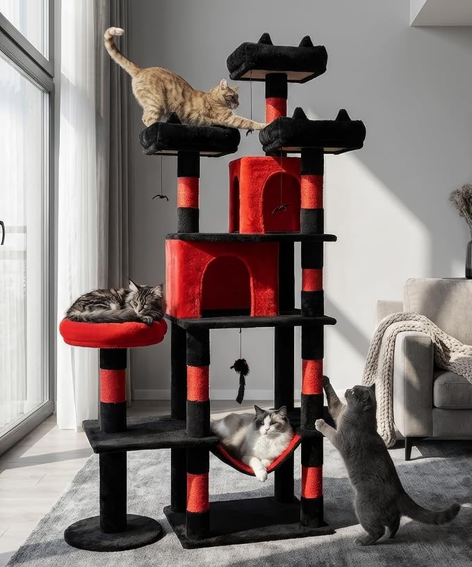 Heavy Duty Cat Tree for Indoor Cat, 71 Inch Large Cat Tower with Scratching Post and Top Perch, Hammock, Big Cat Condo for Adult Cats Kittens, PMT03RD, Black Red